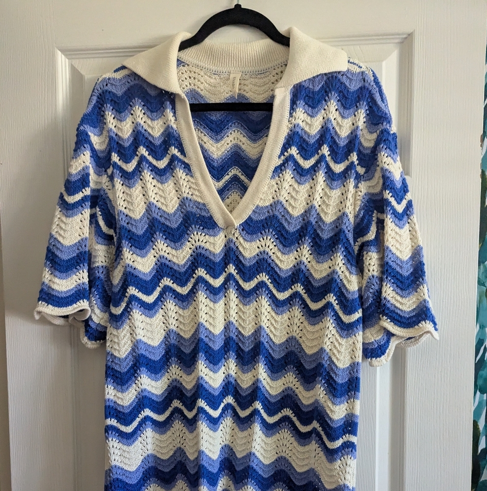 Kivari Blue and White Chevron Knit Mini Dress